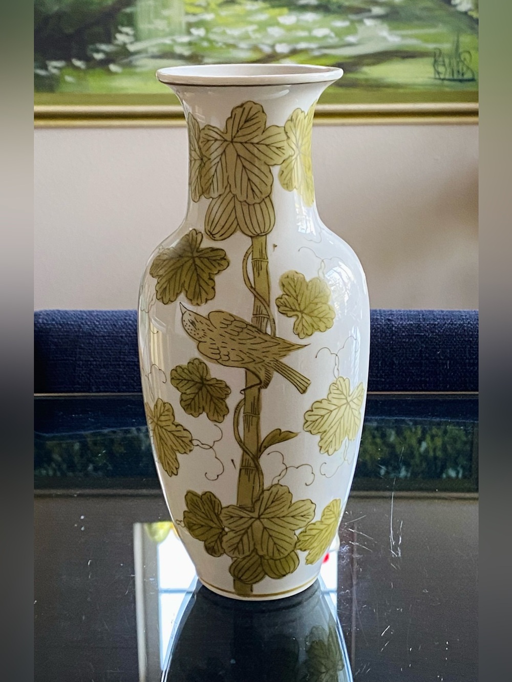Vintage Japanese Porcelain Bird & Vines Vase Olive Green Chinoiserie 10.5”